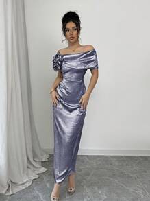 Elenzga Luxury Women's Party Dress, Elegant Gold 2 In 1 Floral Off Shoulder Ruched Slit Dress