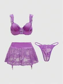 ROMWE Kawaii Satin Lace Patchwork Bowknot Underwire Sexy Lingerie Set - Purple - View 7