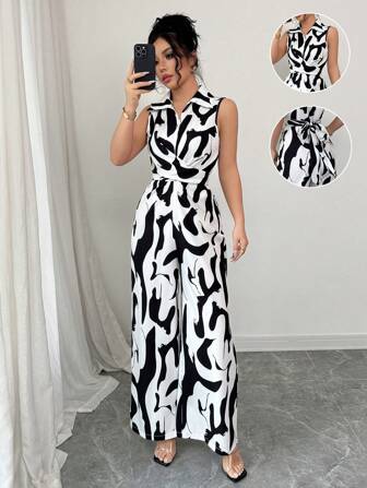 Rafferiza 优雅时尚立领无袖交叉系带前片数码印花女衬衫，春夏季