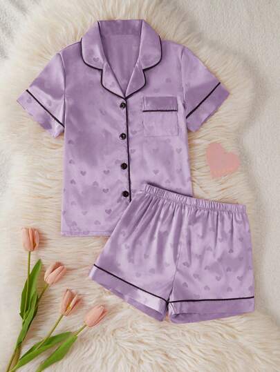 Conjunto de pijama de manga corta con estampado de corazón de satén para niñas talla grande