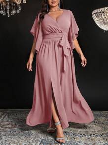 Auvina Vestido largo elegante de fiesta para mujer de talla grande con cuello en V, manga corta acampanada, cintura anudada, drapeado y abertura