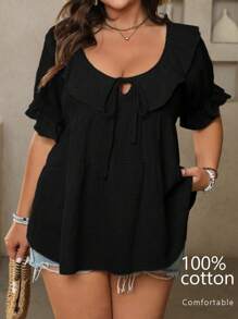 SHEIN LUNE Áo cánh tay ngắn màu trơn cổ bèo nhún cotton cỡ lớn cho nữ, thắt eo, quần áo mùa xuân/hè - màu đen - Xem 1