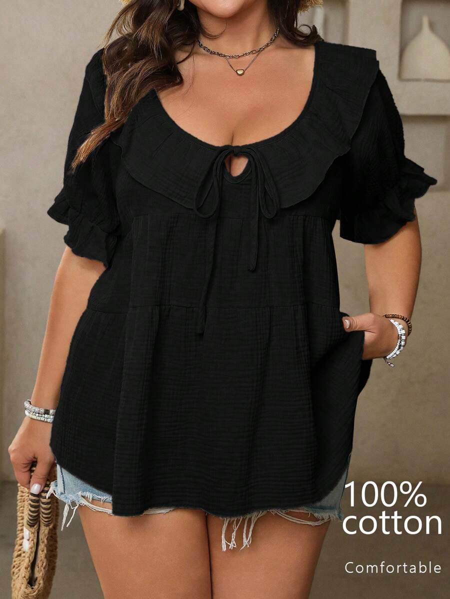 SHEIN LUNE Áo cánh tay ngắn màu trơn cổ bèo nhún cotton cỡ lớn cho nữ, thắt eo, quần áo mùa xuân/hè - màu đen - Xem 1