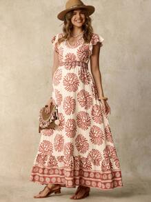 Boho Mama Boho Maternity Maxi Dress: Woven Fabric, Cap Sleeve, V Neck, Floral Print, And Flounce Hem For Summer - Multicolor - View 9