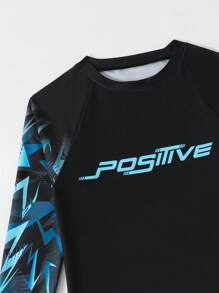 Tween Boy Lettering Printed Long Sleeve Surfing Swimsuit Set - Black - View 4