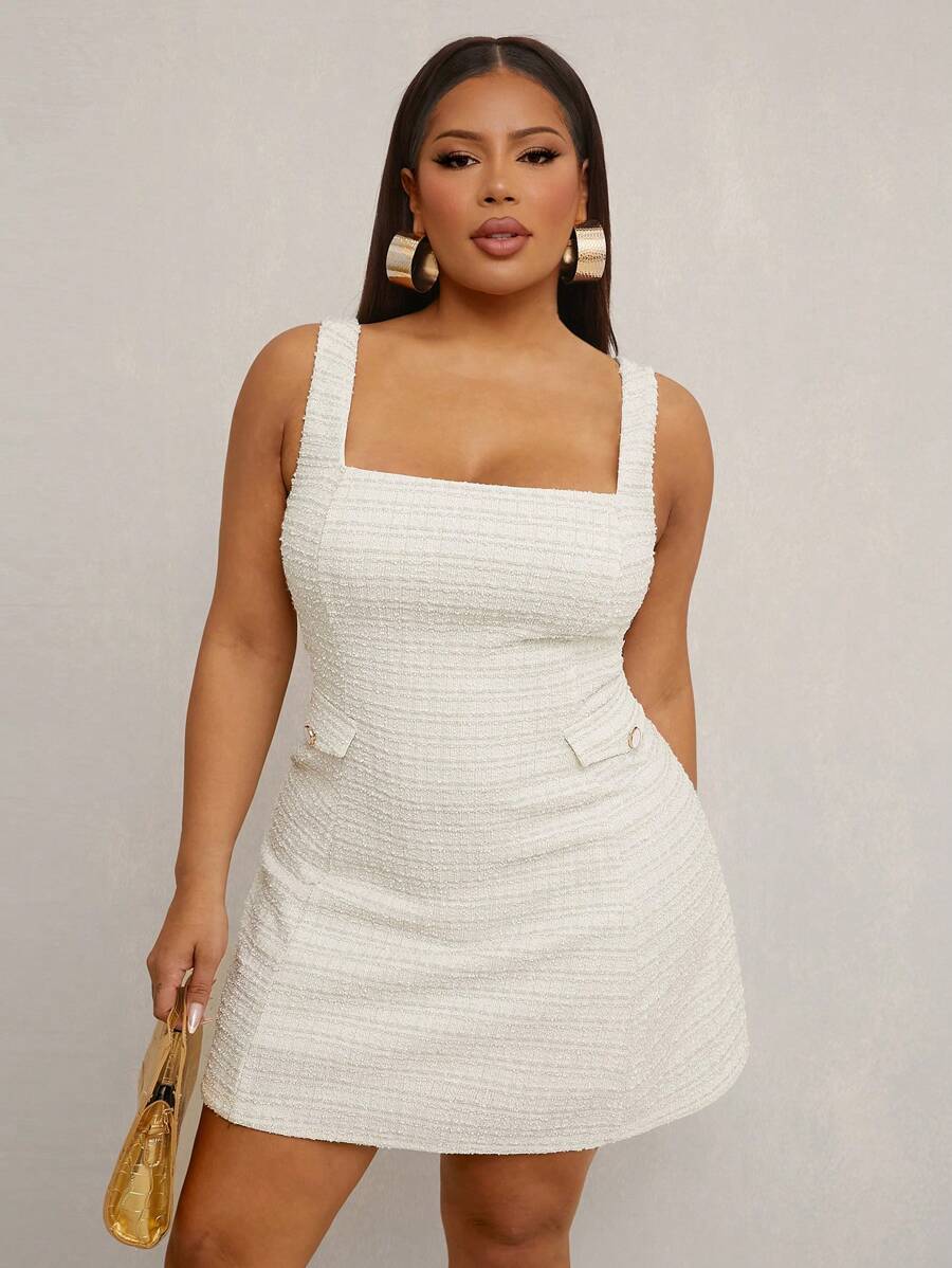 SHEIN SXY Plus Size Elegant Sexy Spring/Summer Metallic Textured Woven Fabric Square Neck + Metal Buckle Decor A-Line Sleeveless Bodycon Tank Dress, Suitable For Everyday Wear