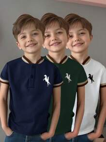 3pcs Young Boy Color-Blocking Striped Print Polo Shirts, Suitable For Holiday, Outings, School Wear - Multicolor - View 9