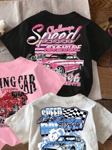 SHEIN Leap Crew Tween Girl 3pcs/Set Casual Simple Car Graphic Print Short Sleeve T-Shirts, Suitable For Summer & Autumn, Back To School Clothes - Multicolor - View 3