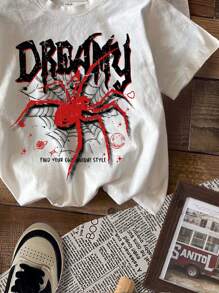 SHEIN Leap Crew Camiseta de manga corta casual para niña preadolescente con estampado simple del logo de araña y cuello redondo, adecuada para outfits de verano - Blanco - Ver 3