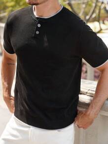 Manfinity Homme Camisa de punto de manga corta con botones y ribete de contraste para hombre, ideal para el verano