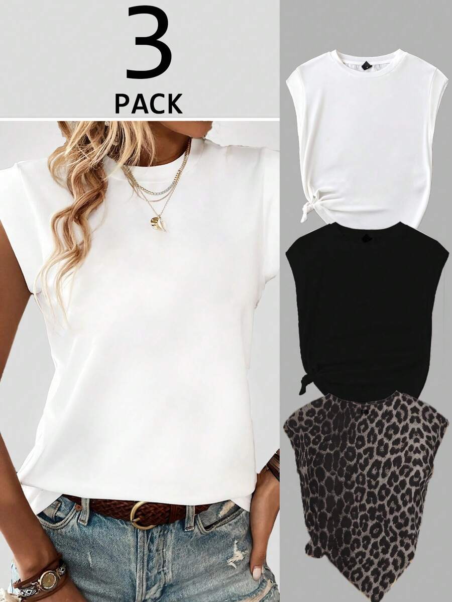 SHEIN LUNE Bộ 3 áo thun nữ mùa hè cổ tròn tối giản, tay lửng, ôm vừa vặn - Đen và trắng - Xem 1