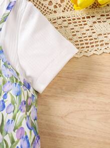 SHEIN 2pcs/Set Young Girls' Solid Color Short Sleeve T-Shirt & Floral Print Cami Dress