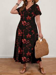EMERY ROSE Vestido de flores de manga corta con cuello en V para mujer talla grande, uso casual de verano