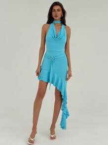 Aloruh Women's Summer Elegant Solid Color Asymmetrical Ruffle Hem Dress - Blue - View 2