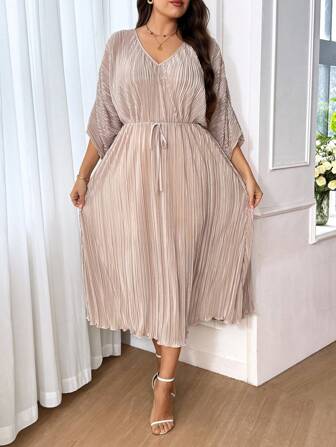 SHEIN Frenchy Plus Size Casual Minimalist Black Long Pleated Modest Women Dress,Summer Outfits For Women