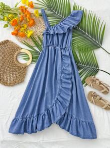 SHEIN Vestido camiseta con volantes y ribete de mujer adolescente de denim azul
