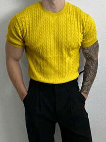Manfinity Homme Camiseta casual de punto de manga corta y cuello redondo con patrón de cable para hombre