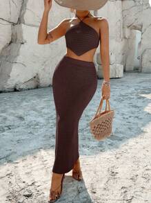 Breezaya Casual Holiday Asymmetric Hem Spaghetti Strap Crop Tank And Mini Skirt 2Pcs Set - Coffee Brown - View 5