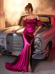 Glamrae Elegant Luxurious Fuchsia Sequins Embroidered Satin Bodice Sleeveless Open Shoulder Ruffle Trim Sexy Thigh High Slit Mermaid Prom Dress With Train, Suitable For Date, Singles Party, Graduation, Wedding, Formal Gala, Gown, For Evening, Wedding Guest - Hot Pink - View 4