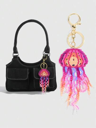 Fairycore 1 Stück bunter bohemischer handgefertigter Schlüsselanhänger mit Quaste und Quallenmotiv, Strandresort Tasche Dekoration Accessoire
