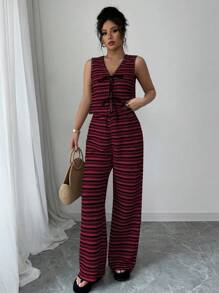 SHEIN Clasi 2件套女士夏季条纹前系带吊带背心和长裤 - 紅色 - 查看 3