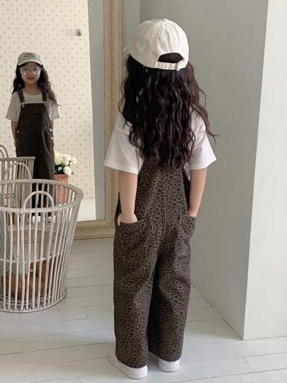 Dazy Kids (小号) 女童豹纹休闲宽松街头风牛仔背带裤和连体裤，夏季