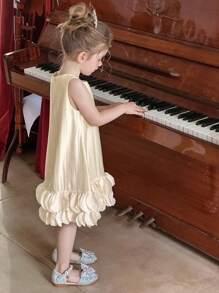 DAZY Young Girls Round Neck Sleeveless Ruffle Trim Loose Fit Dress,Girls Summer Outfits - Apricot - View 5