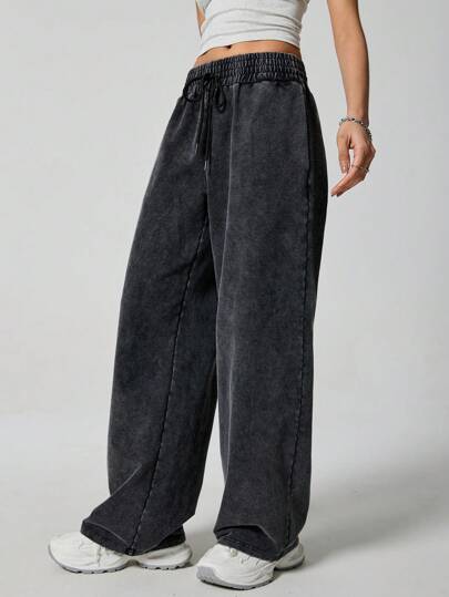 SHEIN EZwear 女士黑色針織涼鞋褲，束腰設計，寬鬆休閒風格