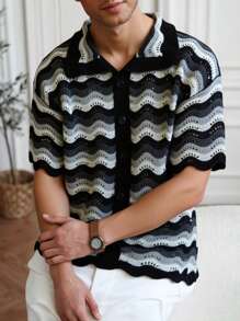 Manfinity Homme Men's Summer Casual Contrast Color Button Front Hollow Out Knit Top - Black and White - View 4