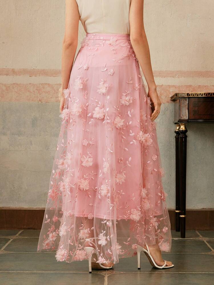 European & American Style Embroidered 3D Floral Mesh Long Skirt