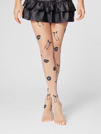 Kawaii 1 pieza Pantimedia/Medias creativas con estampado de lazo y labios