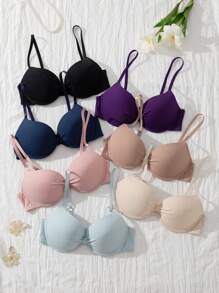 7件套女士休闲舒适无钢圈聚拢文胸，纯色性感内衣 - 彩色 - 查看 4