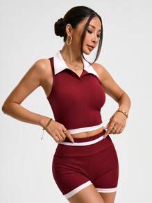 SHEIN 女式简约拼色领口无袖运动 Polo 衫，适合夏季运动 - 鏽棕色 - 查看 3