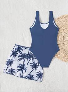 Girls' Green Tropical Plant Print Swimsuit With Mesh Overlay Skirt, Vacation Style Young Girls Sets Summer Young Girls Sets Outfits Summer Summer Vacation Outfits Beach Vacation Outfits - Navy Blue - View 2