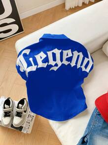 SHEIN 1pc Boys Casual Comfortable Versatile Letter Pattern Batwing Sleeve Shirt, Suitable For Spring & Summer - Royal Blue - View 3