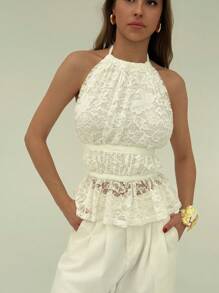 Aloruh Top canotta elegante con spalline incrociate e schiena scoperta, vita arricciata, stile romantico da vacanza