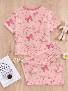 SHEIN Leap Crew 可爱甜美蝴蝶结、爱心、星星印花、粉色少女休闲修身圆领短袖睡衣套装，适合夏季 - 彩色 - 查看 3
