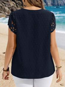 EMERY ROSE Plus Size Women Round Neck Short Sleeve Casual Blouse Summer Tropical Vacation Modest Top For Beach - Navy Blue - View 2