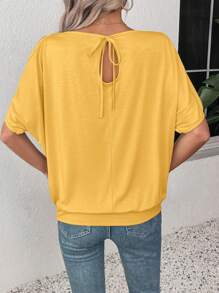 EMERY ROSE Summer Casual Solid Color One-Shoulder Round Neck Short Sleeve T-Shirt - Coral Orange - View 2