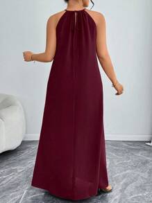 Elenzga 女士时尚优雅纯色无袖宽松大码连衣裙，情人节红色新年 - 酒紅色 - 查看 2