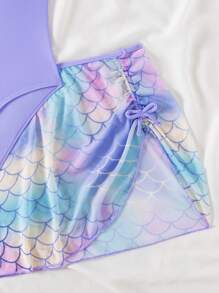 Tween Girls Vacation Style Green Tropical Plant Print Mesh Ruffled Trim Swimsuit With Skirt Young Girl Summer Outfits Young Girls Sets Summer Bathing Suits 1pc For Teens Swimming Suits For Teens One Piece Bathing Suit For Teens - Purple - View 4