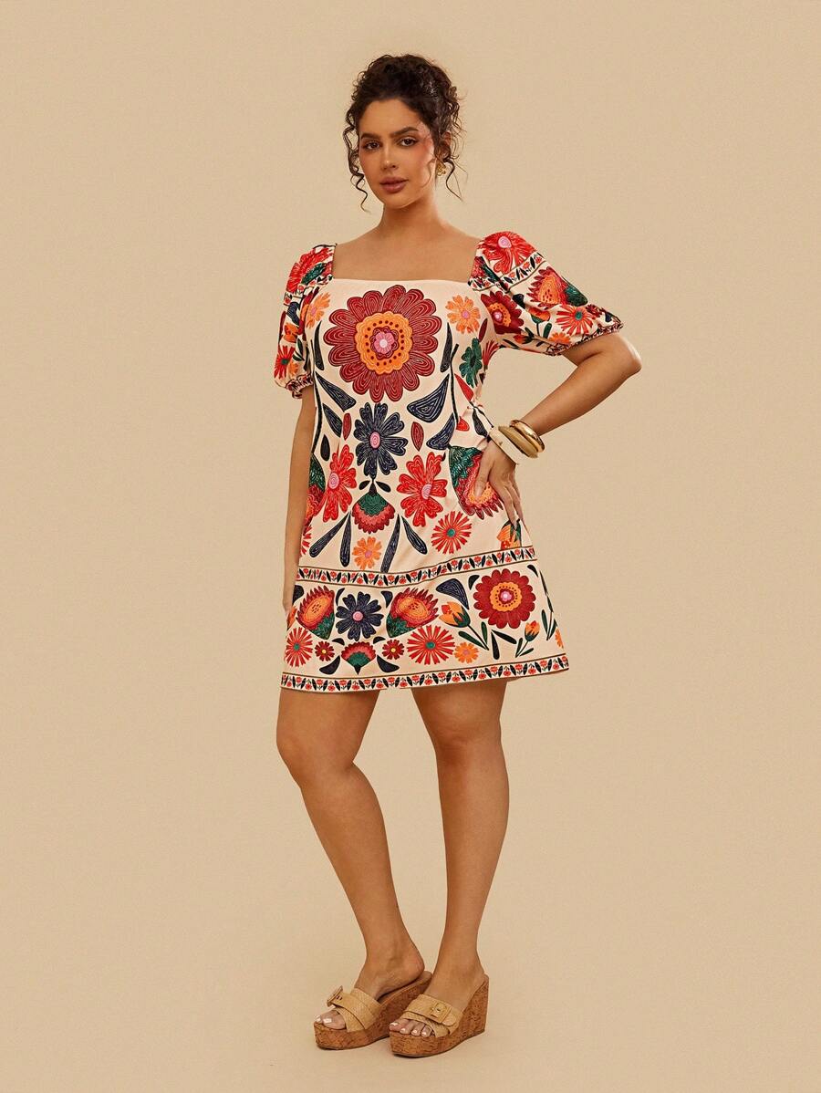 Travachic Vestido mini de punto de verano para mujer talla grande, con cuello cuadrado, mangas abullonadas y estampado colorido bohemio