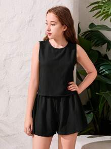 SHEIN Conjunto informal de 2 piezas para adolescente, de tela tejida de textura sólida sin mangas, para primavera/verano