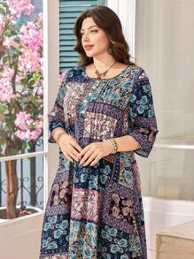 SHEIN Lacomfia Plus Size Women's Spring/Autumn Square Collar Printed 3/4 Sleeve Slimming Cinched Waist Dress