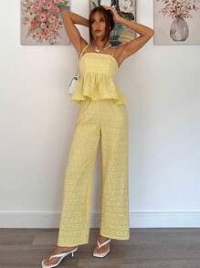 Siren Gaze Conjunto de 2 piezas de top de tirantes y pantalones de estilo jacquard elegante para mujer, para verano