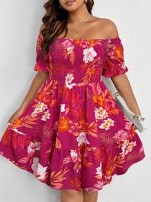 SHEIN Holidaya Plus Tropical Print Off Shoulder Flare Sleeve Ruffle Hem Dress Vacation Beach Outfits Women - Red - View 4