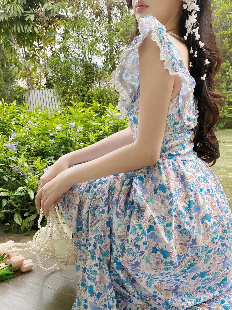 Women's Mid-Length Lace Trim Cap Sleeve Summer Dress, Suitable For Valentine's Day Vacation Outfits Women Floral Boho