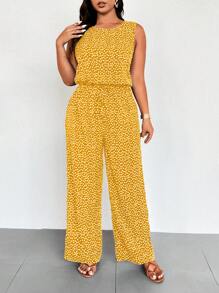 SHEIN LUNE Spring Summer Holiday Round Neck Sleeveless Elasticated Waist Ditsy Floral Jumpsuit - Yellow - View 5