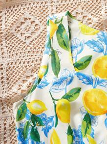 Women's Minimalist Yellow Long Dress With Cherry And Orange Print, Comfortable And Fashionable Spaghetti Strap - Yellow - View 7