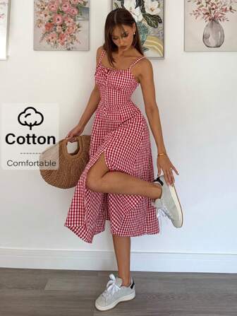 Siren Gaze 女士格子吊带中长连衣裙，时尚适合夏季